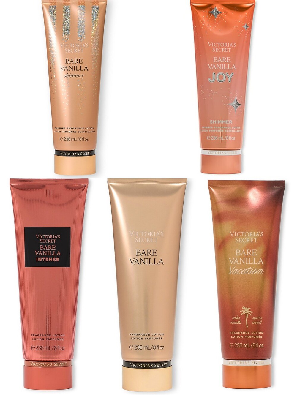 Victoria's Secret Bare Vanilla Fragrance Lotion 5 Piece Variety Set NEW Rare